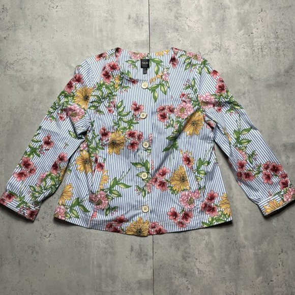 Rafaella Floral Tapered Blazer Crewneck‎ Jacket Womens Sz Large Blue Striped - Picture 1 of 12